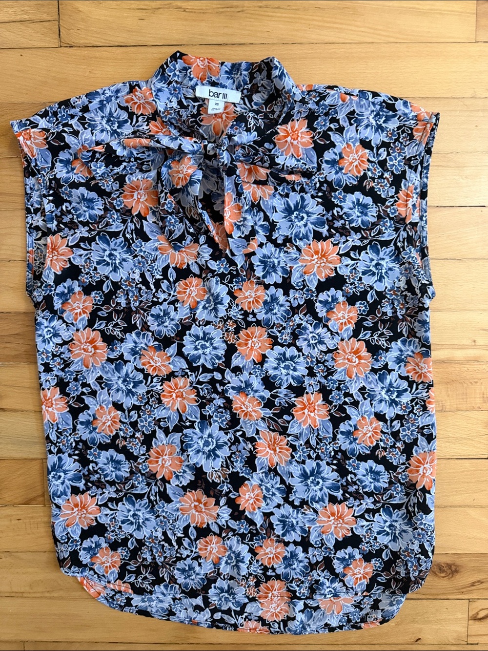Bar III Black Floral Button-Front Top with Blue & Orange Blooms - Picture 4 of 4
